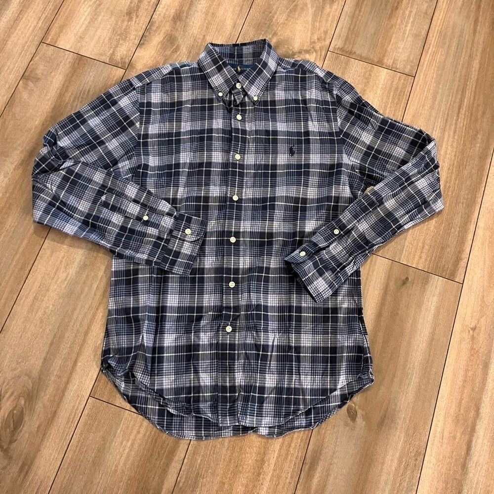 Polo Ralph Lauren Mens Slim Fit Plaid Button Down Shirt Blue Medium Bin G-7